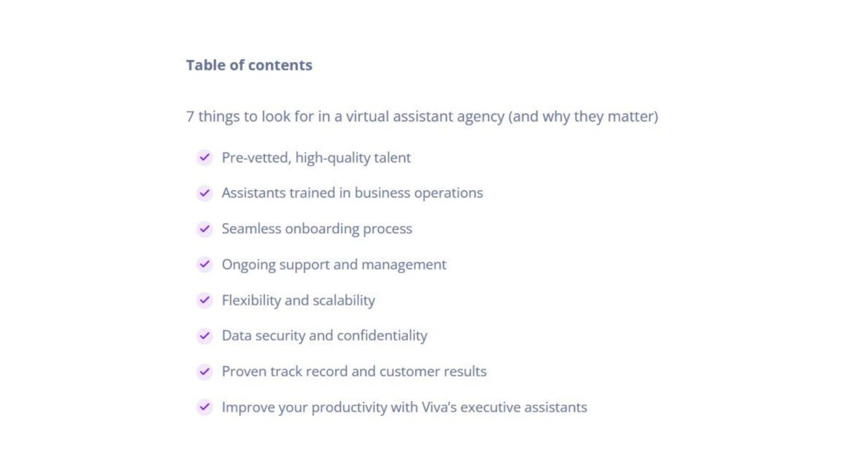 table of contents