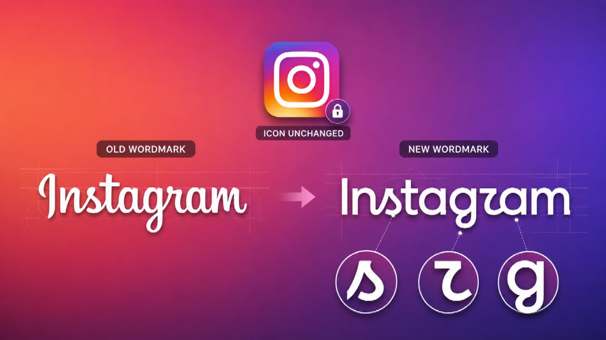 Instagram’s old script wordmark compared with its new structured wordmark, while the gradient camera icon remains unchanged. 
