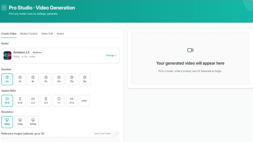 Create Video tab · Seedance 2.0 with duration, aspect ratio, and resolution options