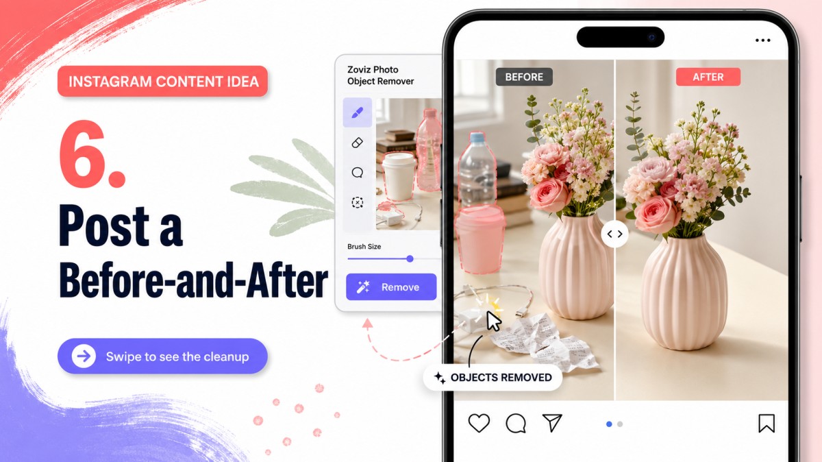 Instagram before-and-after post showing distracting objects removed from the same product photo with Zoviz Photo Object Remover.