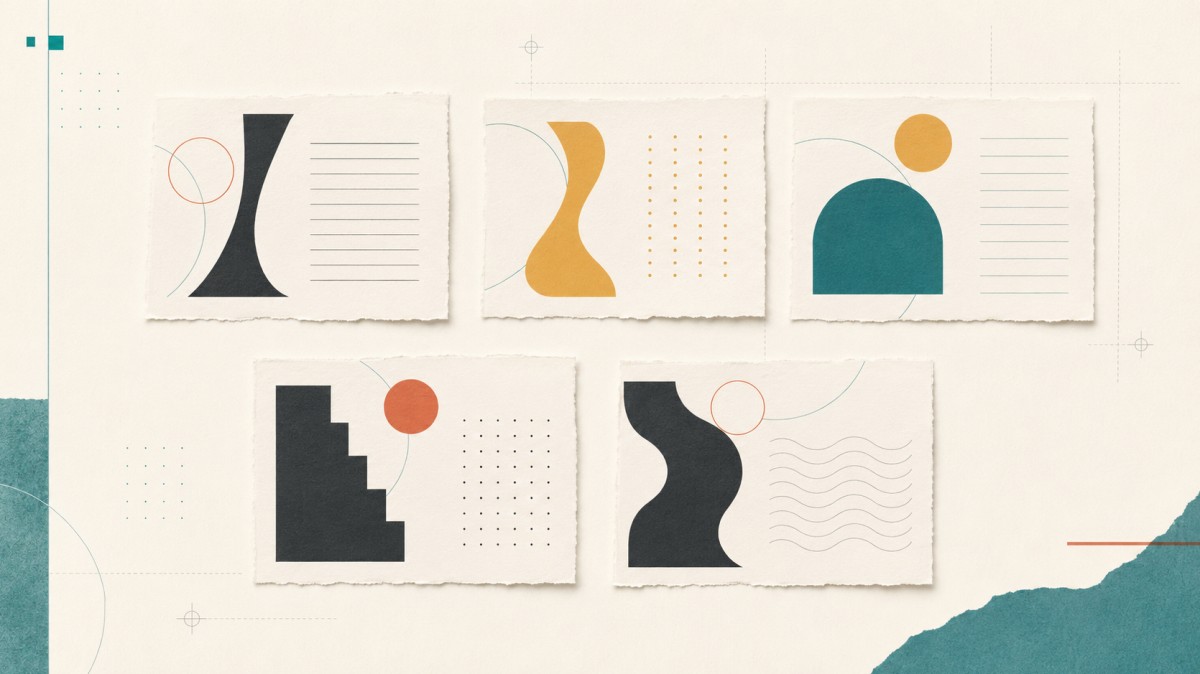 Alt: Five abstract font pairing combinations displayed on textured paper cards in a coordinated editorial layout.