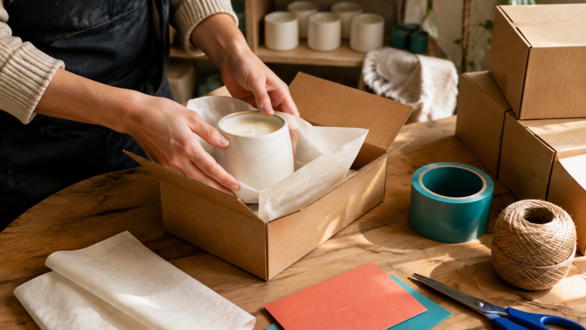 A small business owner packing an unbranded ceramic candle into a kraft box at a warm, naturally lit workspace. 