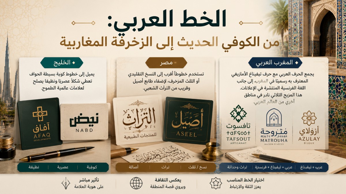 مقارنة بين أنماط الخط العربي في الخليج ومصر والمغرب العربي، من الخط الكوفي الحديث إلى النسخ والثلث والزخرفة المغاربية مع دمج حروف تيفيناغ.