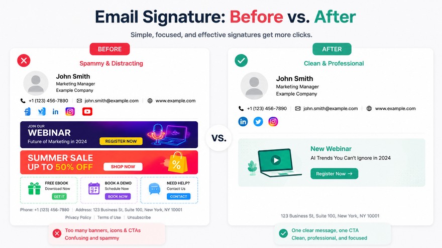 Before and after comparison of a cluttered versus clean email signature banner
