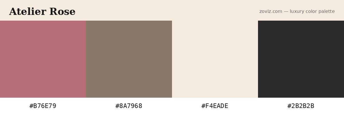 Rose luxury color palette - hex codes #B76E79, #8A7968, #F4EADE, #2B2B2B for beauty, fine jewelry, and modern luxury hospitality