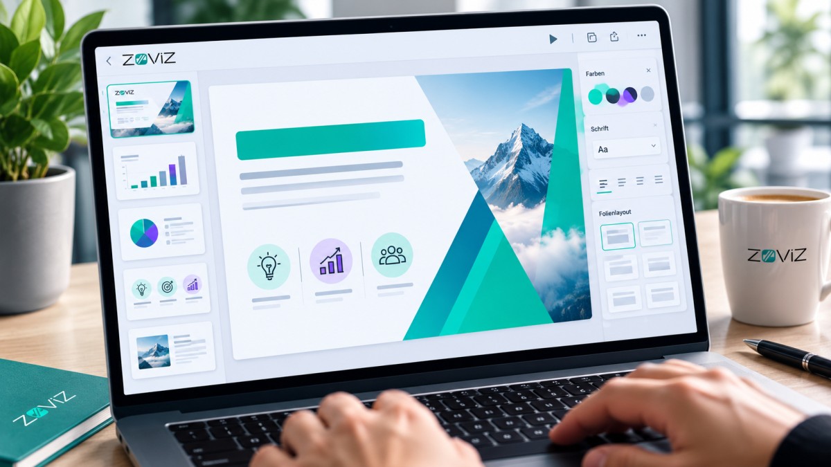 Laptop mit einem modernen Präsentationsentwurf im Zoviz-Design mit klarer Folienstruktur, Diagrammen und visuellen Elementen.