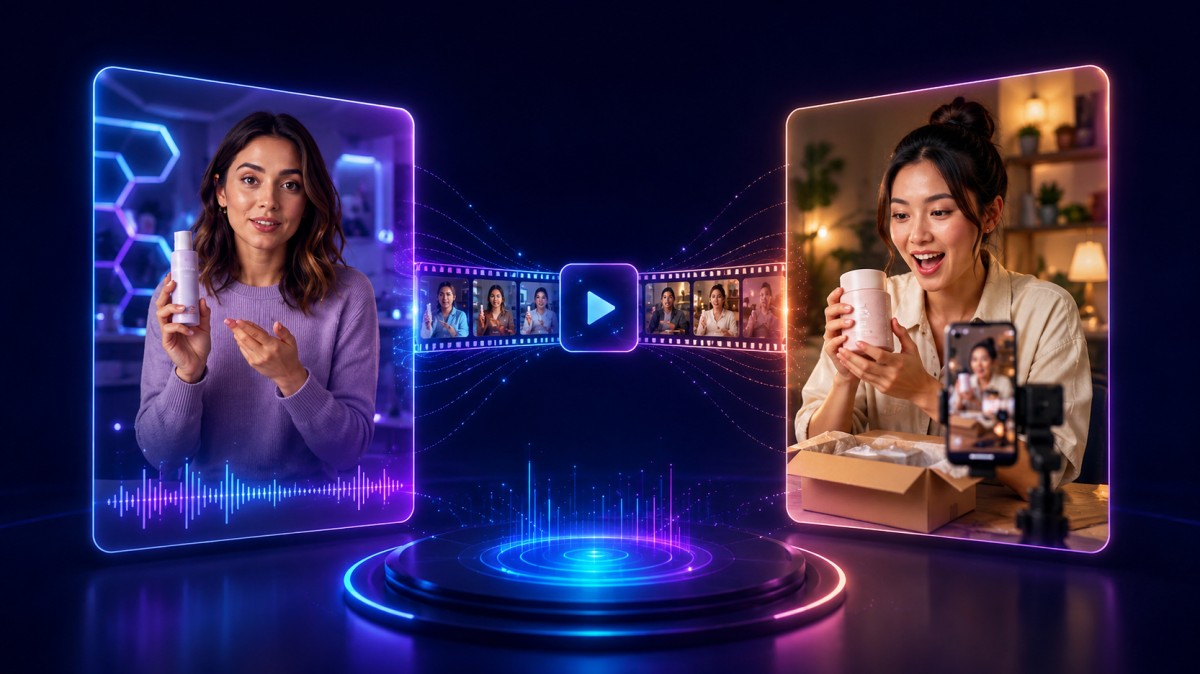 AI-generated presenter and real content creator shown side by side, illustrating the difference between AI UGC and authentic user-generated content