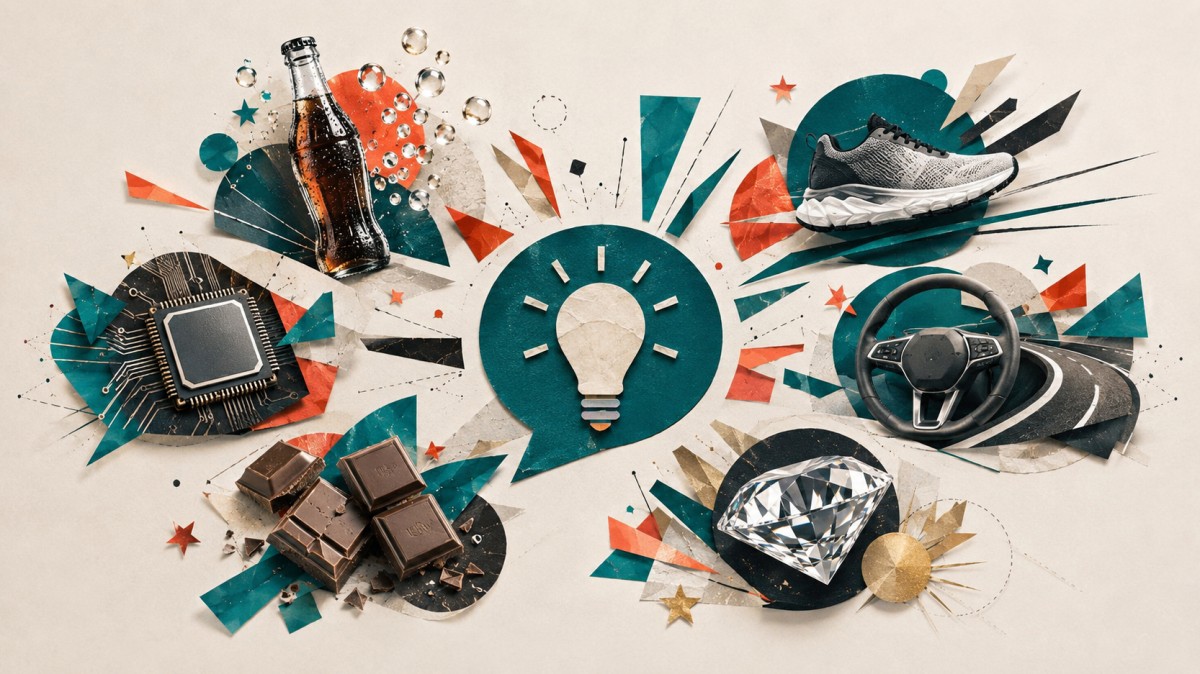 Collage creativo con ejemplos de eslóganes para las industrias de bebidas, deporte, tecnología, automóviles, golosinas y lujo.