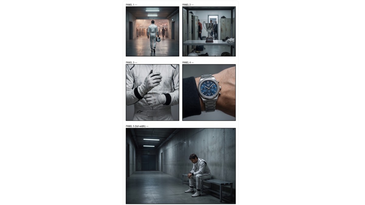 One generated image, five numbered panels — a storyboard sheet used to lock scenes before video.