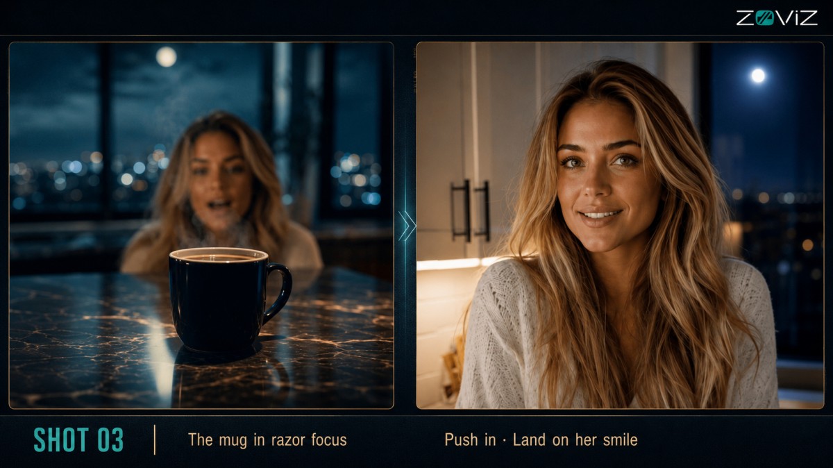 Shot 03: the mug in razor focus, then the push in landing on her smile