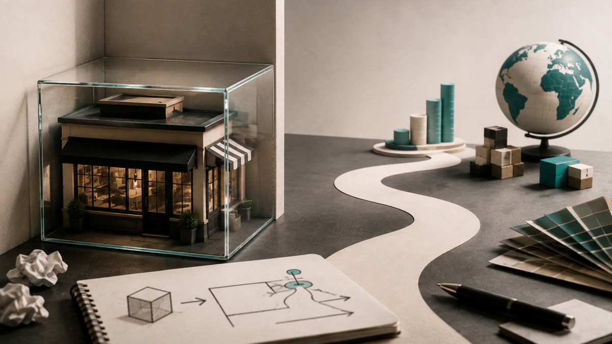  A miniature storefront trapped inside a transparent box while a path leads toward wider markets and business growth