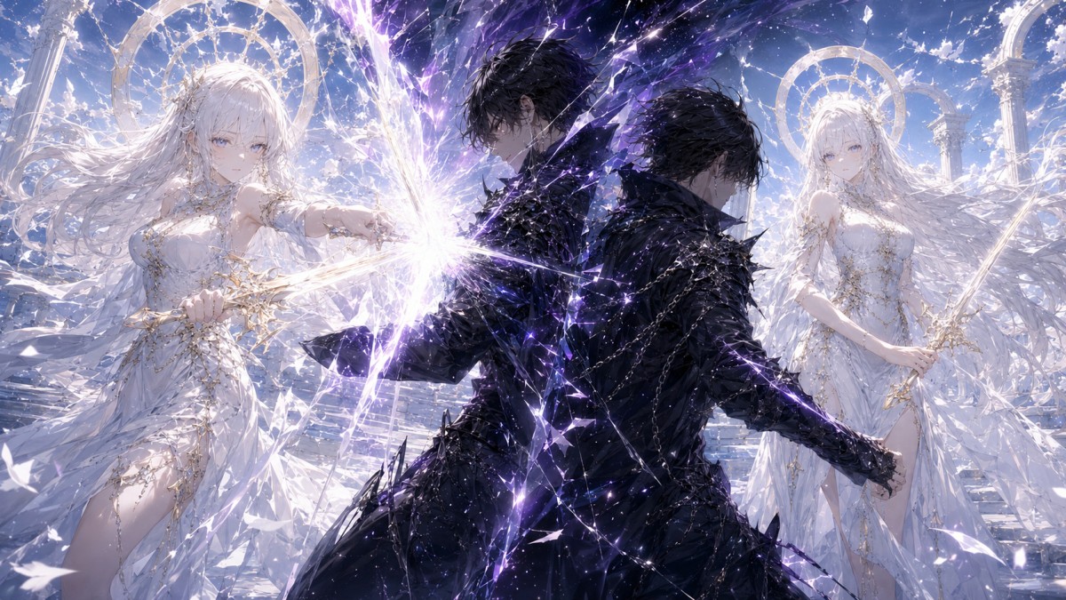 AI anime scene showing Elara’s glowing sword switching hands after a bright clash.