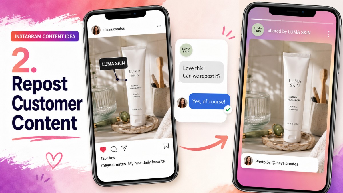 Instagram content idea showing a customer post, a permission request, and the same user-generated photo reposted with credit.