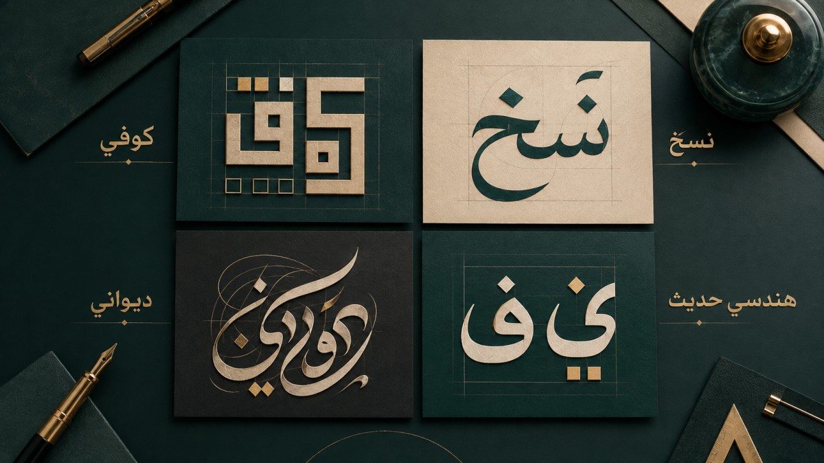 أبرز فئات الخطوط العربية المستخدمة في تصميم الشعارات: الكوفي والنسخ والديواني والهندسي الحديث 