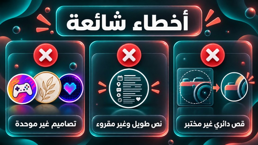 ثلاثة أمثلة توضح أخطاء تصميم أغلفة هايلايت إنستغرام: تصاميم غير موحدة، ونص طويل غير مقروء، وصورة لم تُختبر داخل القص الدائري.