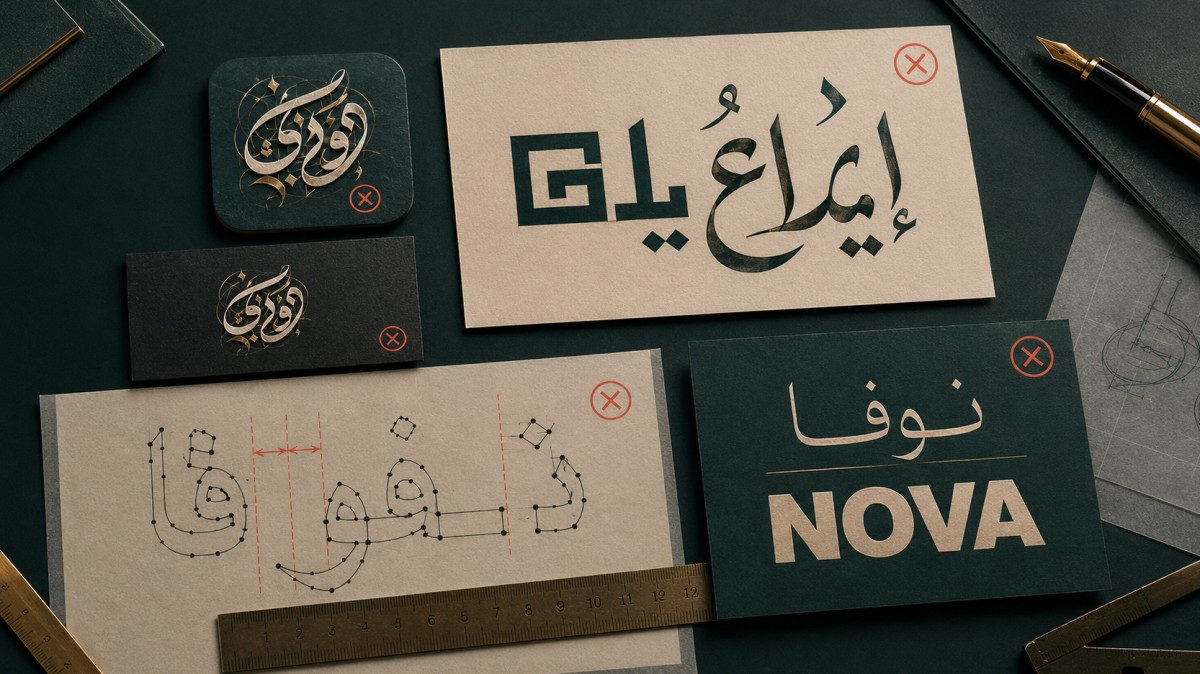 أخطاء شائعة في استخدام الخطوط العربية للشعارات، تشمل الزخرفة المفرطة وسوء التباعد ومزج أنماط مختلفة وعدم توازن الخط العربي واللاتيني.