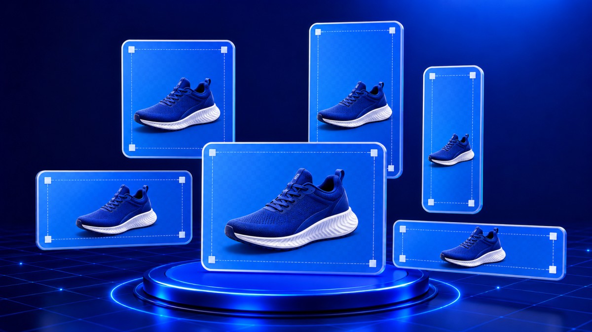 One blue sneaker adapted into five square, portrait, vertical, and landscape social media formats