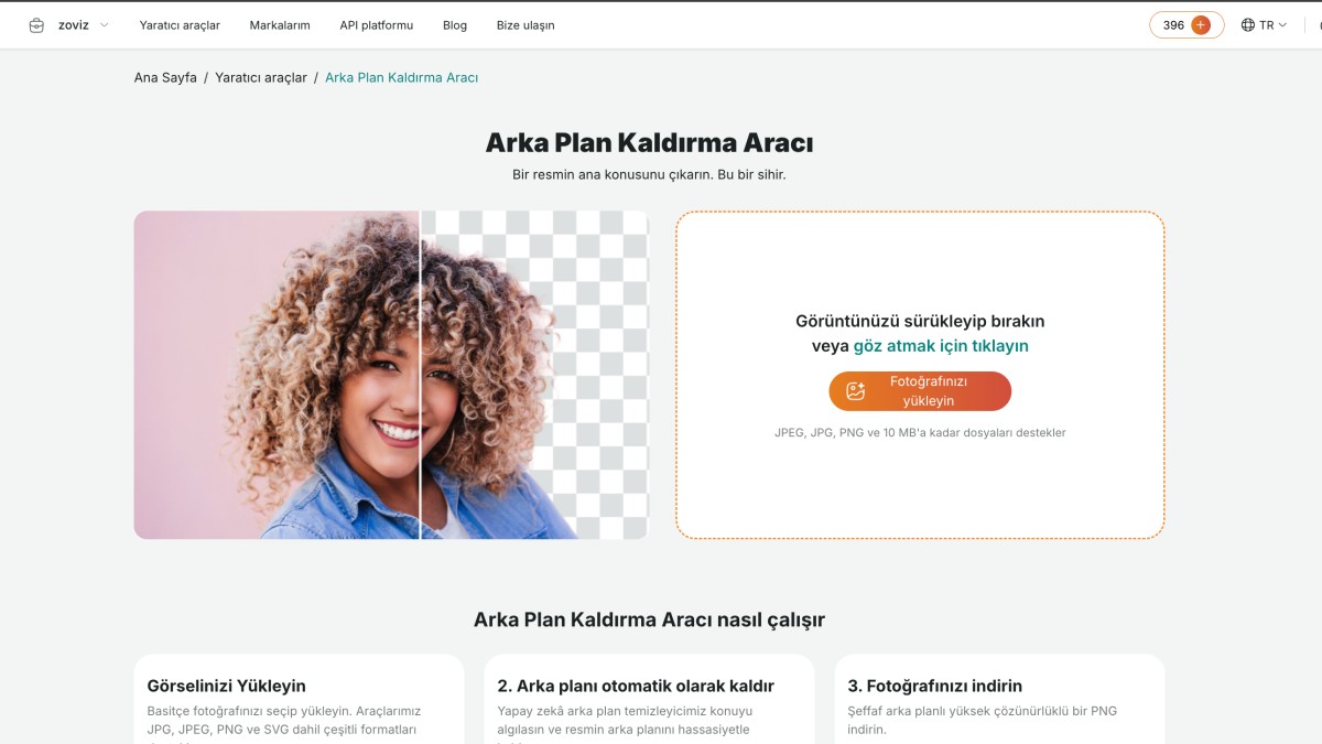 Türkçe arka plan kaldırma özelliğine fotoğraf yükle