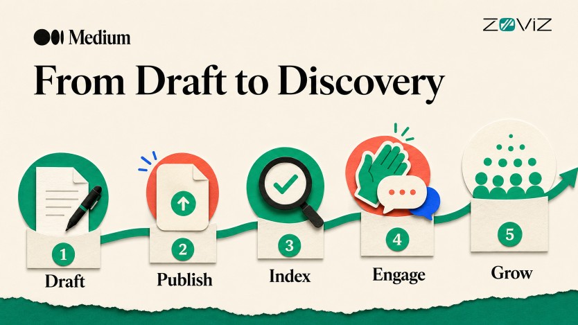 Medium article journey from draft and publishing to indexing, engagement, and audience growth.