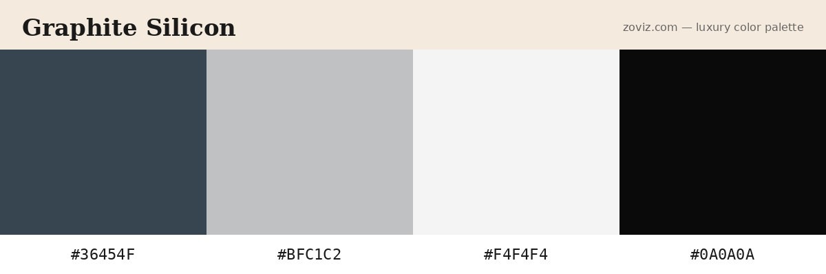 Graphite Silicon luxury color palette — hex codes #36454F, #BFC1C2, #F4F4F4, #0A0A0A for premium tech, fintech, and audio hardware brands