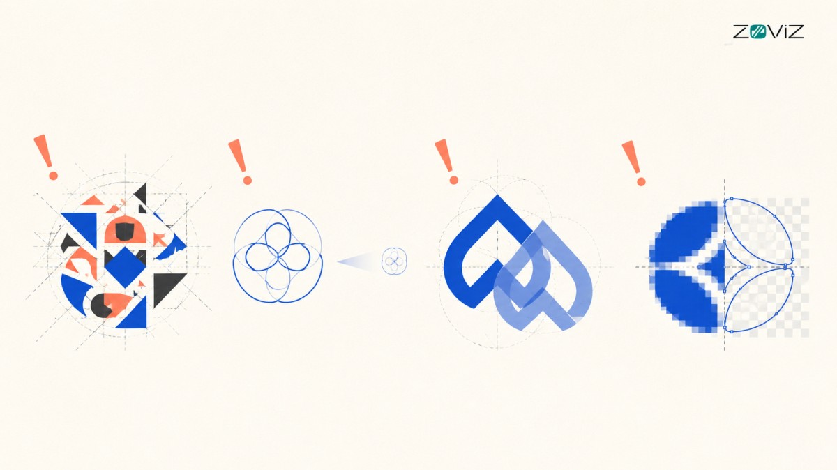 Errores comunes al diseñar un logo: exceso de colores, falta de legibilidad, imitación y baja calidad de imagen.