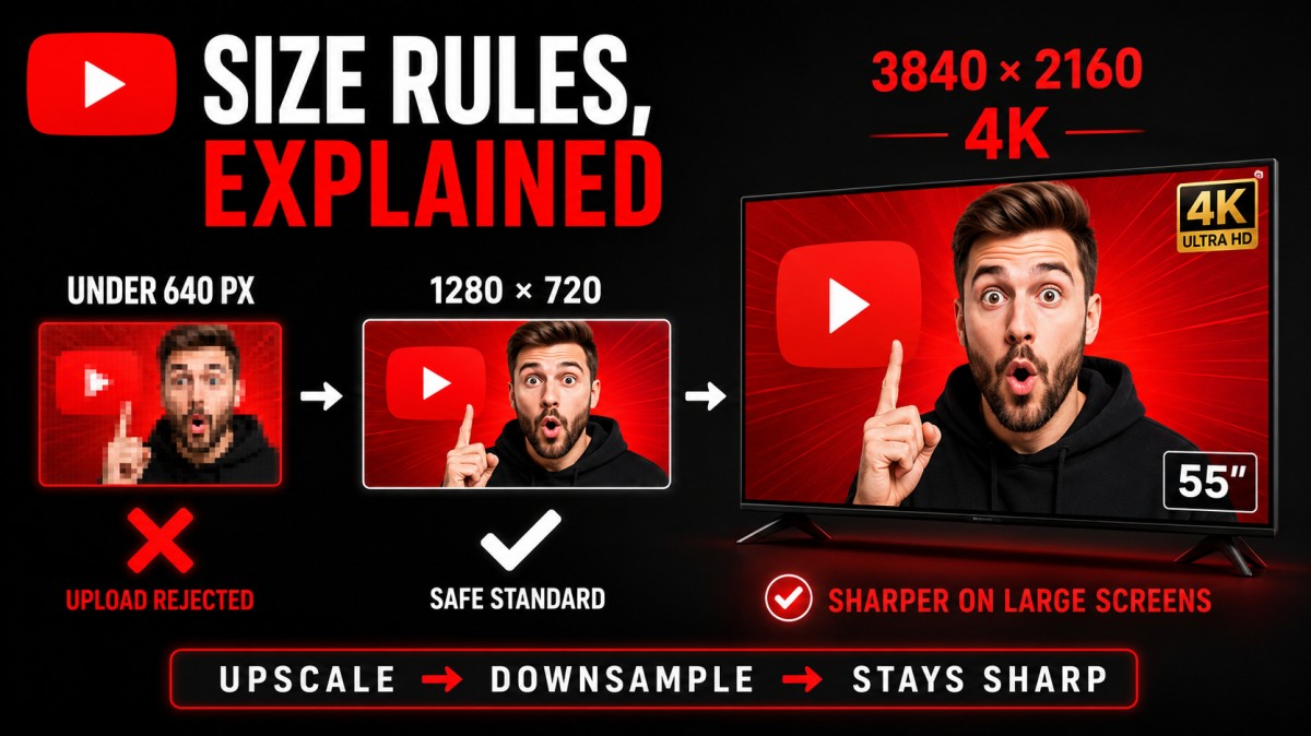 YouTube thumbnail size comparison showing uploads under 640 pixels being rejected, 1280 × 720 as the safe standard, and 4K thumbnails staying sharp on large screens.