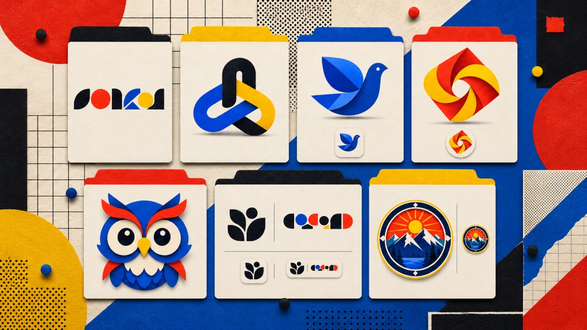 Galería gráfica con ejemplos de los siete tipos de logotipos sobre un fondo inspirado en el diseño Bauhaus.
