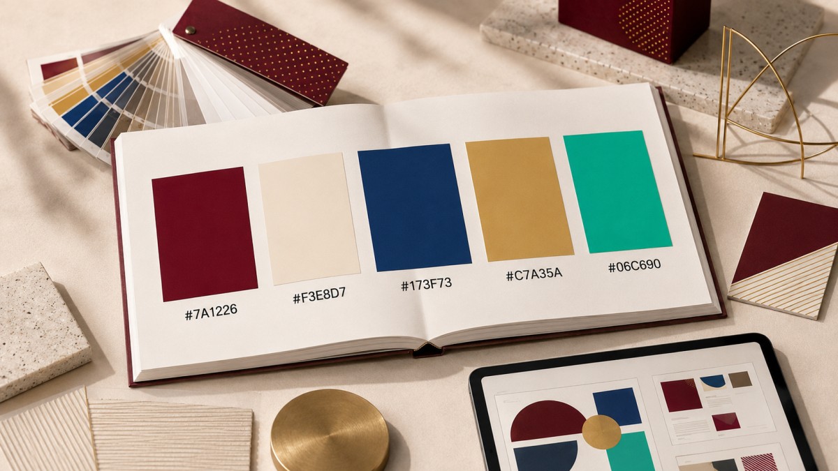 Paleta de colores de una identidad de marca con muestras en burdeos, crema, azul, dorado y verde menta, acompañadas de sus códigos HEX exactos.