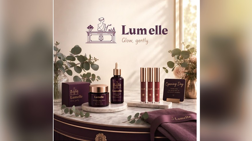 Lumelle clean beauty product collection displayed on marble with plum packaging, rose-gold details, and eucalyptus leaves.