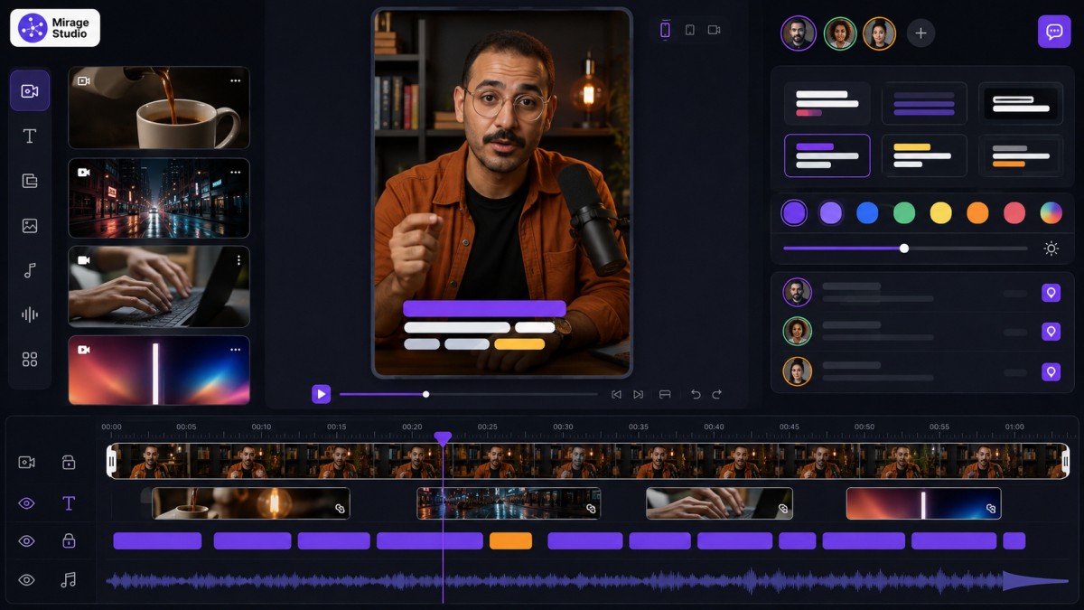 Mirage Studio creator-style video editor with AI talking-head footage, branded captions, B-roll, timeline editing, and team review tools.