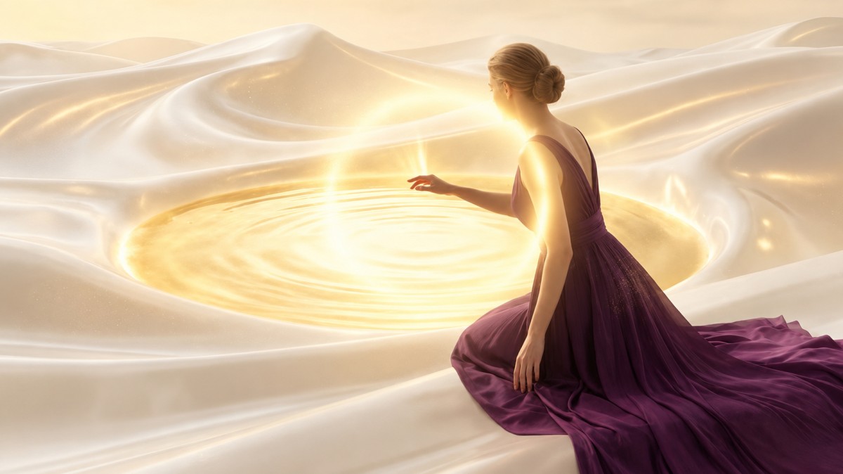 A woman in a flowing plum dress reaches toward a glowing golden pool surrounded by silky cream dunes.
