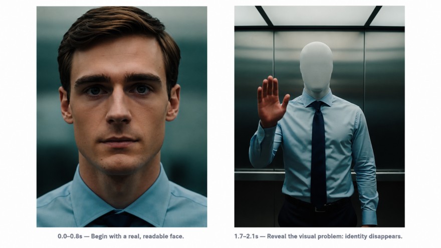 AI-generated Instagram Reel keyframes showing a man’s recognizable face before his identity disappears in an elevator scene.