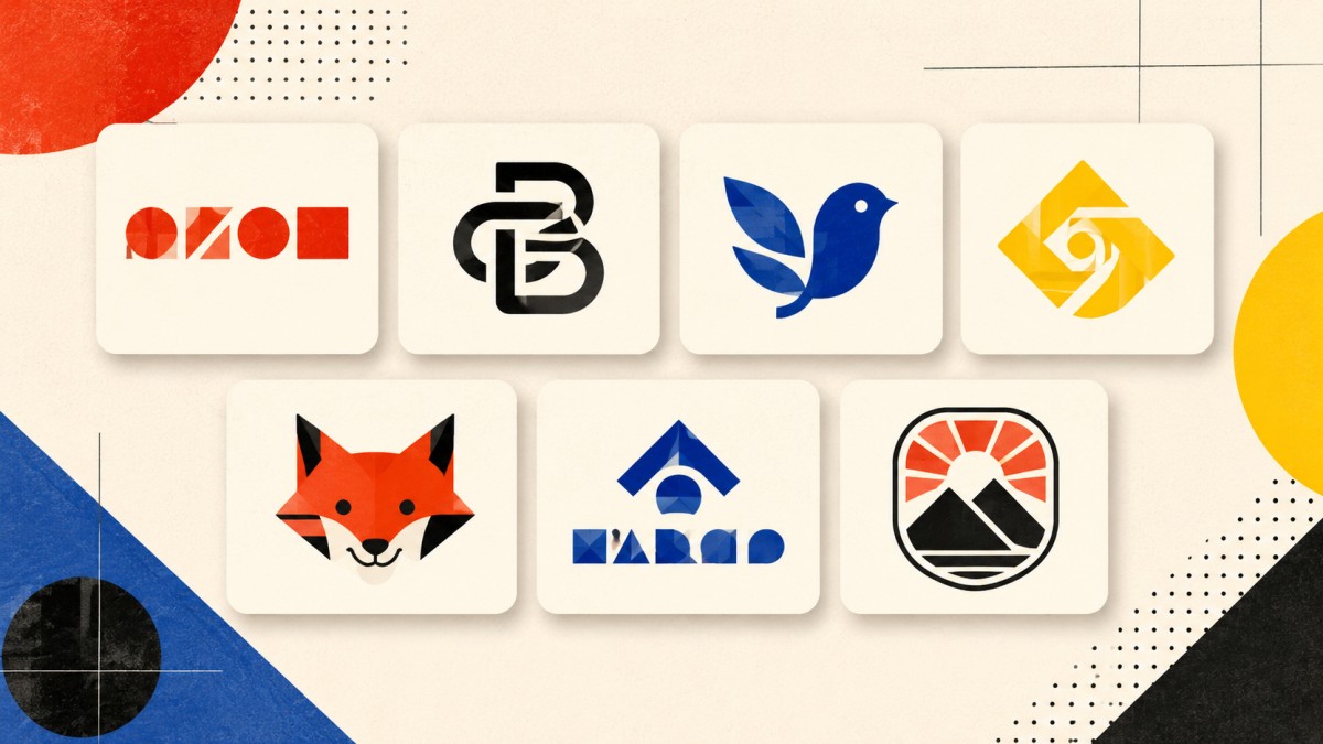 Siete ejemplos visuales de logotipos: wordmark, lettermark, pictórico, abstracto, mascota, combinado y emblema.