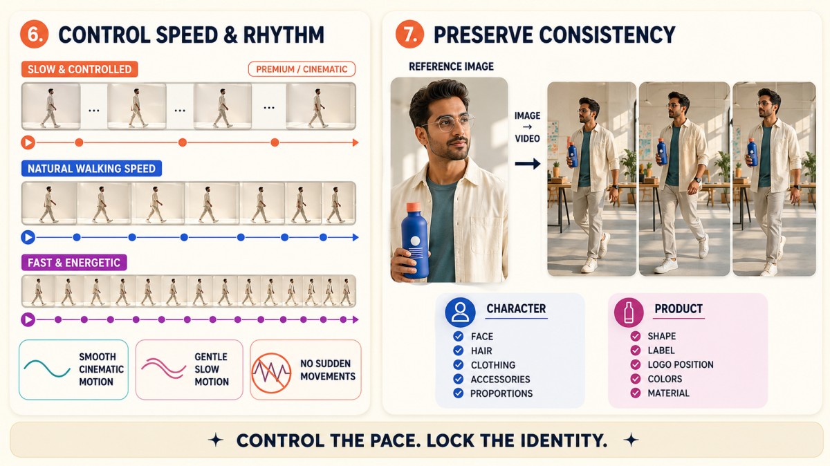 AI video prompt guide comparing slow, natural, and fast pacing while preserving character identity, clothing, and product details from a reference image across every frame.