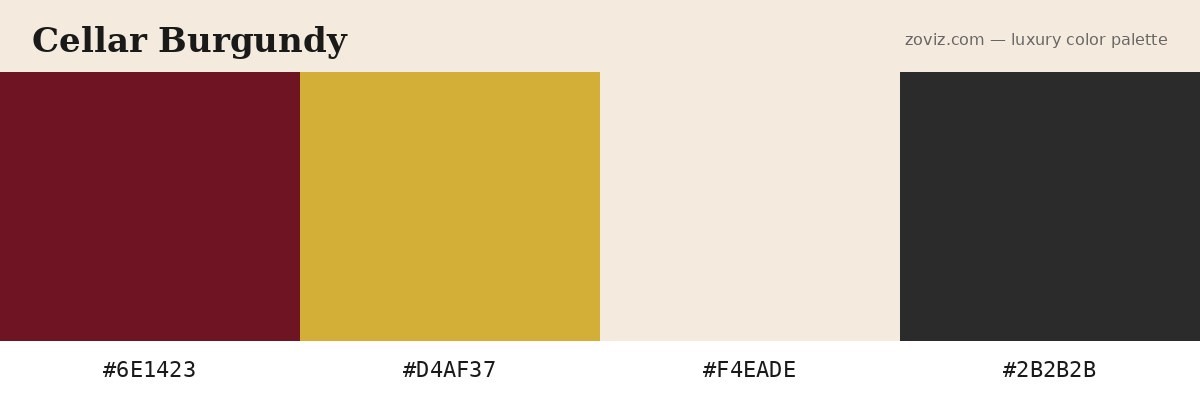 Cellar Burgundy luxury color palette — hex codes #6E1423, #D4AF37, #F4EADE, #2B2B2B for wineries, fine dining, and leather goods