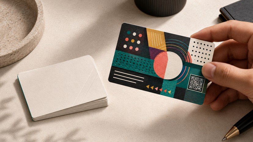 Colorful busy business card standing out from a plain stack