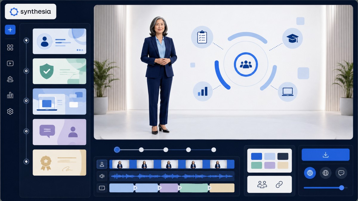 Synthesia corporate training video interface with a professional AI presenter, structured learning modules, and multilingual production tools.