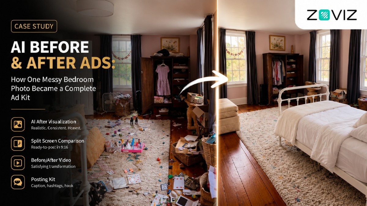 AI Before and After Ads: How One Messy Bedroom Photo Became a Complete Ad Kit