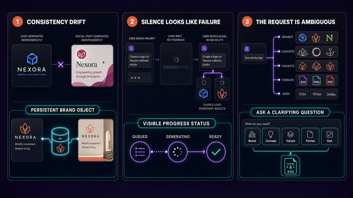 Three MCP server challenges showing brand inconsistency, unclear generation progress, and ambiguous logo requests, alongside persistent brand objects, visible status updates, and clarifying questions as solutions.