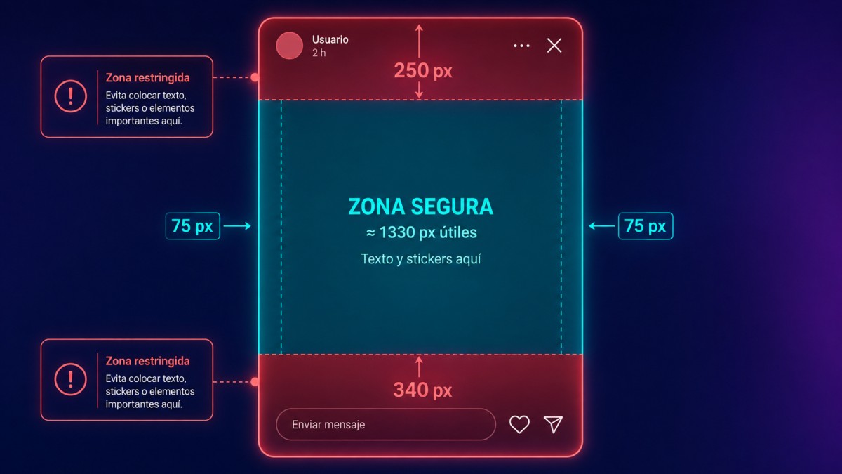 Mapa de la zona segura de Instagram Stories: 250 px libres arriba, 340 px abajo y 75 px en cada lateral, con unos 1330 px útiles para texto y stickers.