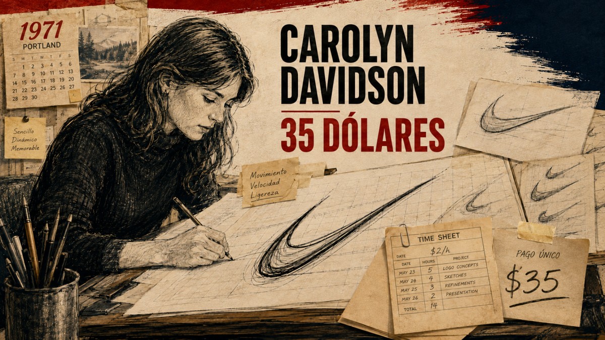 Carolyn Davidson dibujando el primer concepto del Swoosh en 1971, junto a bocetos y referencias al pago de 35 dólares.