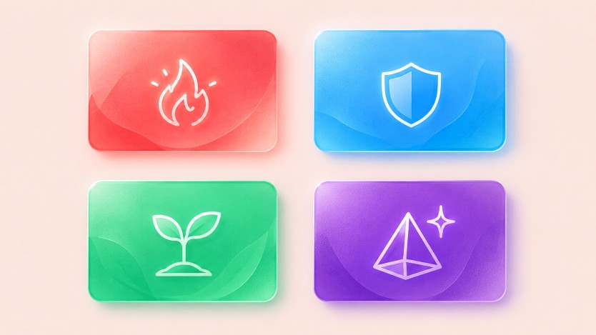 Tarjetas de colores que representan energía, confianza, equilibrio y creatividad en la psicología del color aplicada al branding.