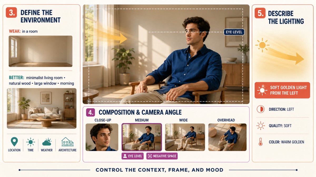 AI image prompt guide showing how environment details, composition, camera angle, negative space, and directional lighting shape the final result.