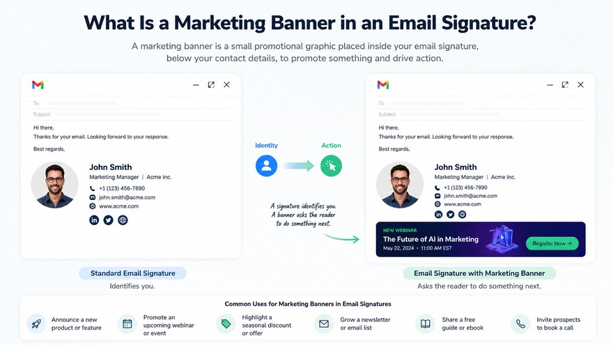 Standard email signature versus one with a marketing banner, showing the difference between identity and action