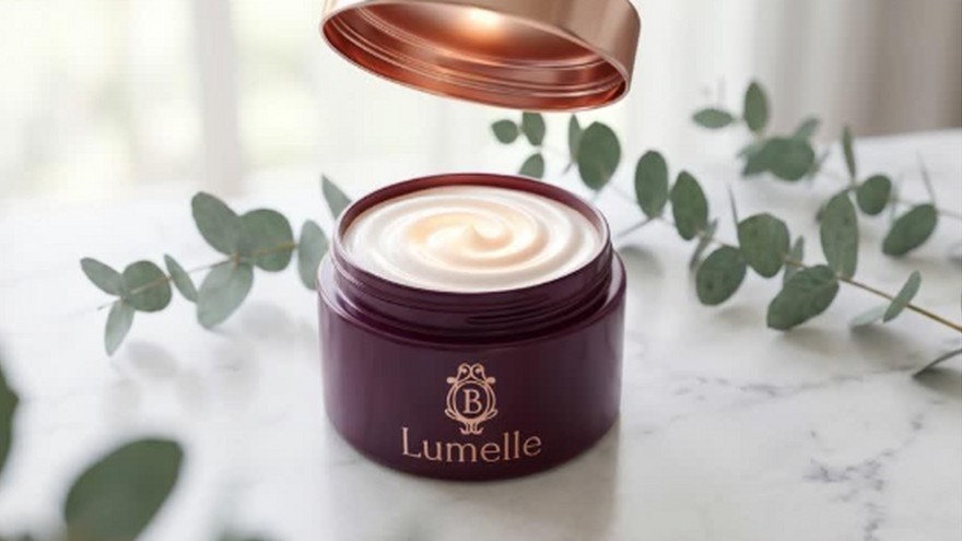 Lumelle beauty cream jar with its lid floating above, surrounded by eucalyptus leaves on a marble surface.