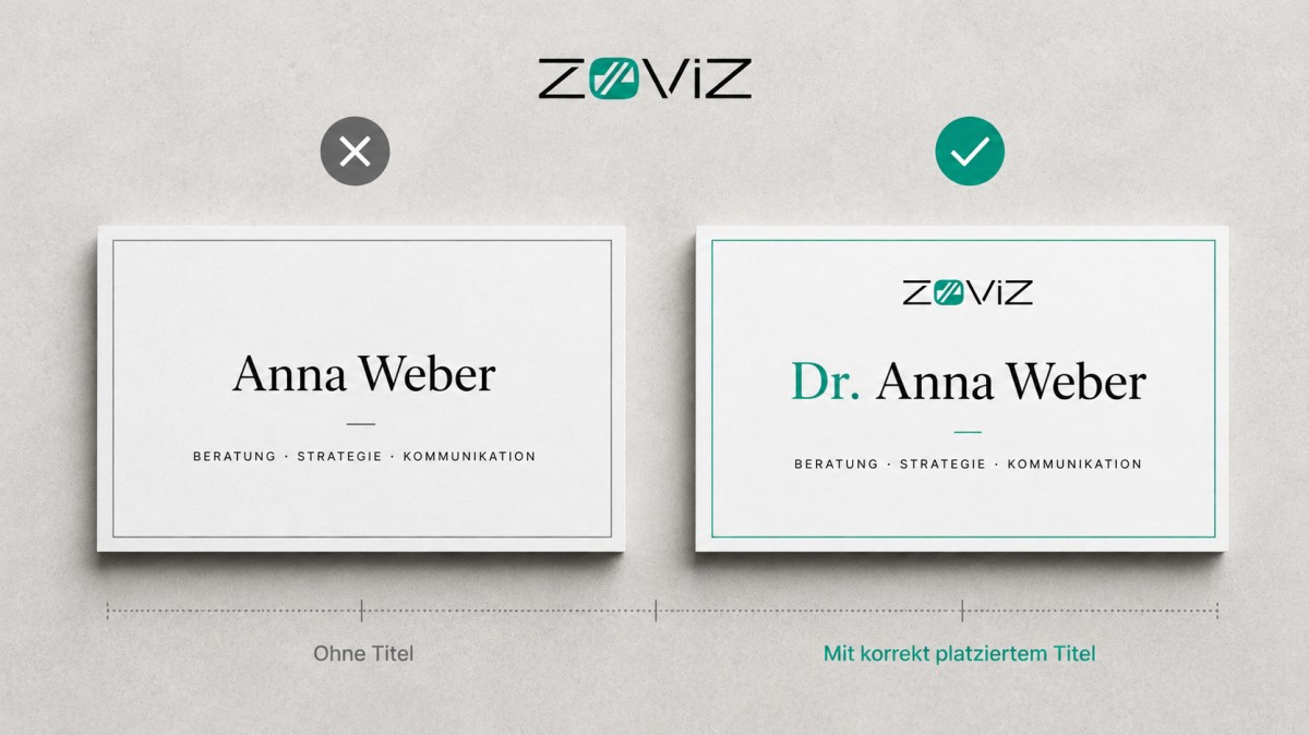 Zwei Zoviz-Visitenkarten im Vergleich, eine ohne akademischen Titel und eine mit korrekt platziertem Doktortitel.