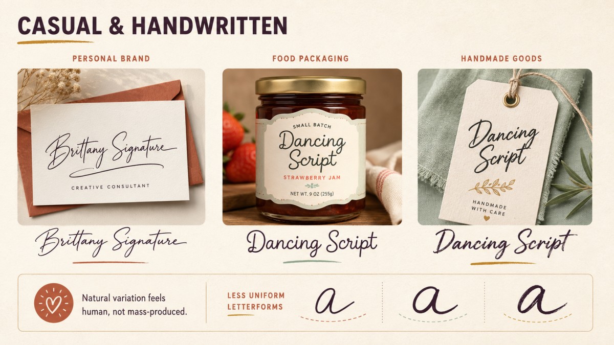 Casual handwritten logo styles shown across personal branding, food packaging, and handmade product applications. 