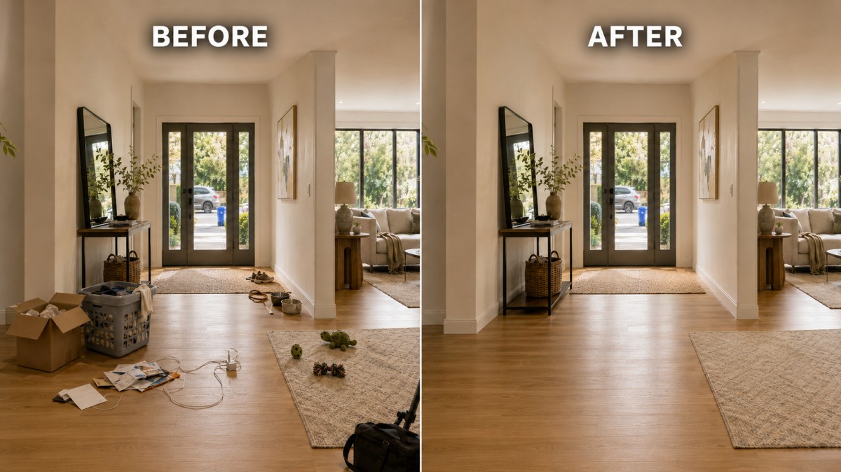 Before-and-after comparison of a cluttered entryway transformed into a clean, natural-looking real estate photo.