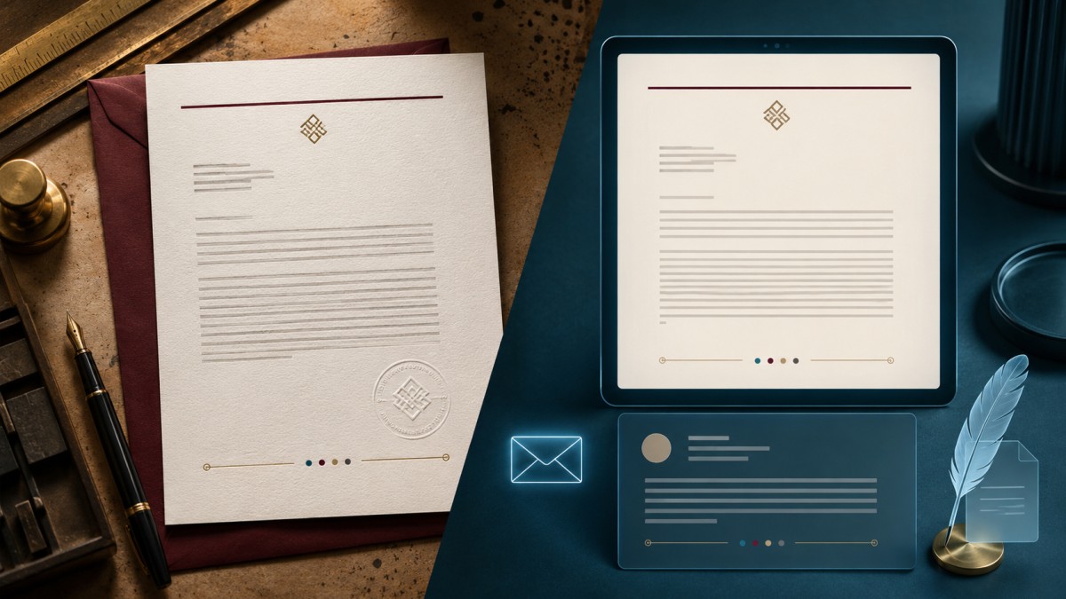 Comparación entre una hoja membretada impresa en papel y su versión digital para correos, documentos PDF y propuestas.