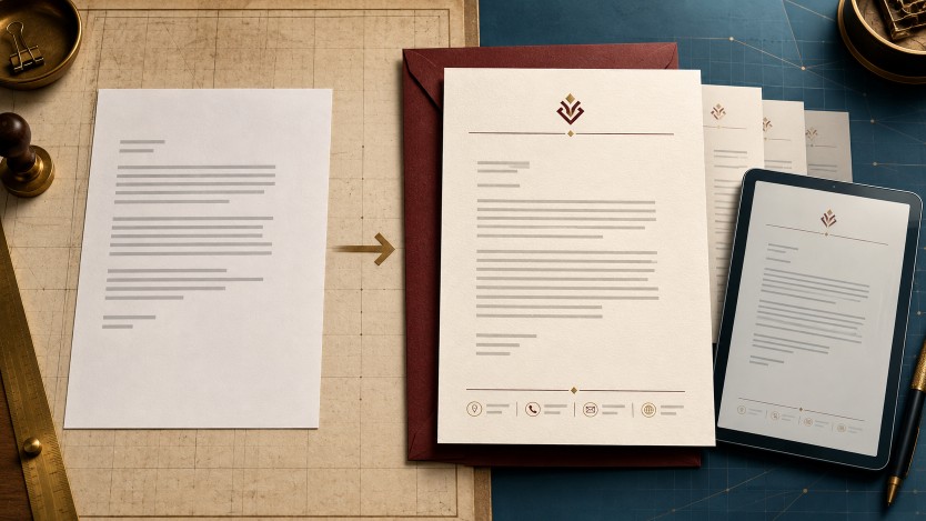Comparación entre un documento sin formato y una hoja membretada profesional utilizada de forma coherente en papel y PDF.